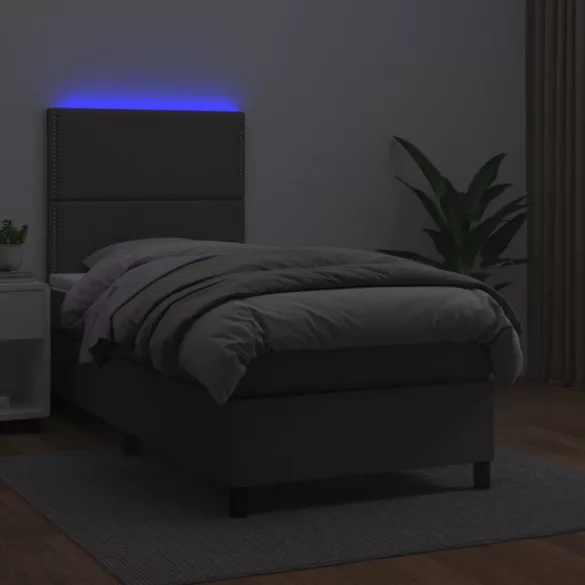 szürke műbőr rugós ágy matraccal és LED-del 90x190 cm