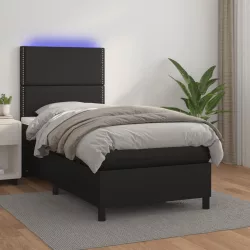 fekete műbőr rugós ágy matraccal és LED-del 90x200 cm