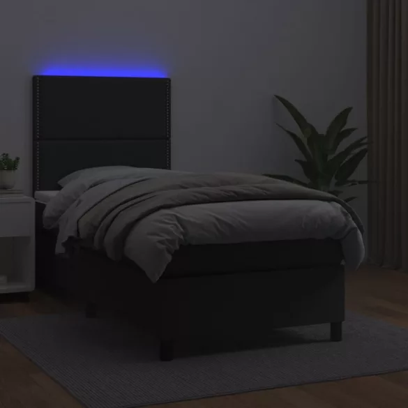 fekete műbőr rugós ágy matraccal és LED-del 90x200 cm