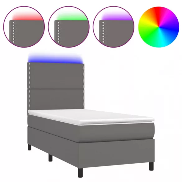szürke műbőr rugós ágy matraccal és LED-del 90x200 cm