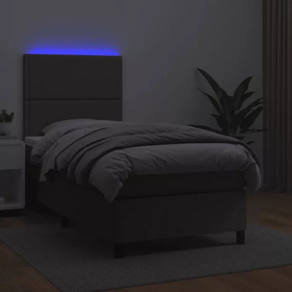 szürke műbőr rugós ágy matraccal és LED-del 90x200 cm