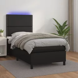 fekete műbőr rugós ágy matraccal és LED-del 100x200 cm