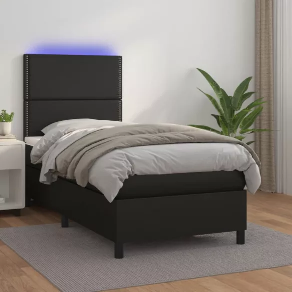 fekete műbőr rugós ágy matraccal és LED-del 100x200 cm