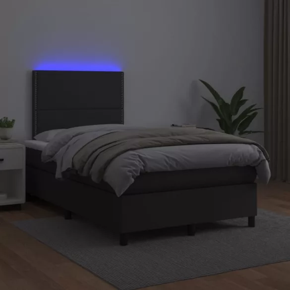 fekete műbőr rugós ágy matraccal és LED-del 120x200 cm