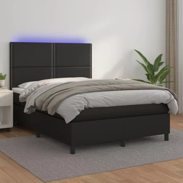 fekete műbőr rugós ágy matraccal és LED-del 140 x 190 cm