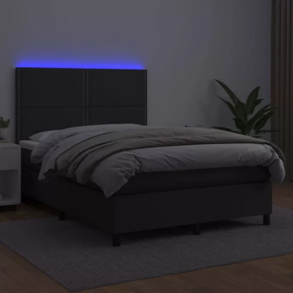 fekete műbőr rugós ágy matraccal és LED-del 140 x 190 cm