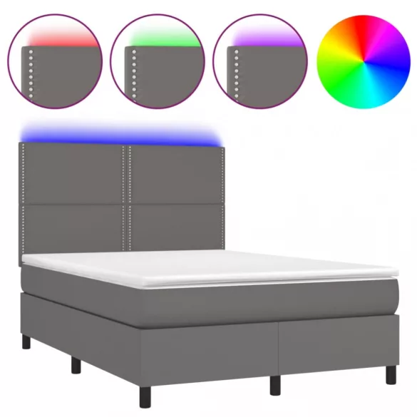 szürke műbőr rugós ágy matraccal és LED-del 140x190 cm