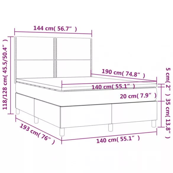 szürke műbőr rugós ágy matraccal és LED-del 140x190 cm