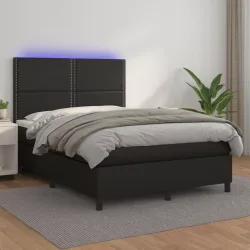 fekete műbőr rugós ágy matraccal és LED-del 140x200 cm