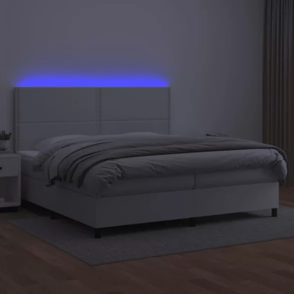fehér műbőr rugós ágy matraccal és LED-del 200x200 cm
