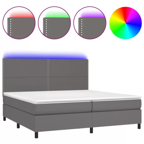 szürke műbőr rugós ágy matraccal és LED-del 200x200 cm