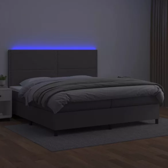 szürke műbőr rugós ágy matraccal és LED-del 200x200 cm
