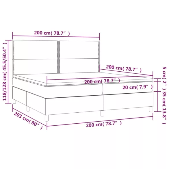 szürke műbőr rugós ágy matraccal és LED-del 200x200 cm