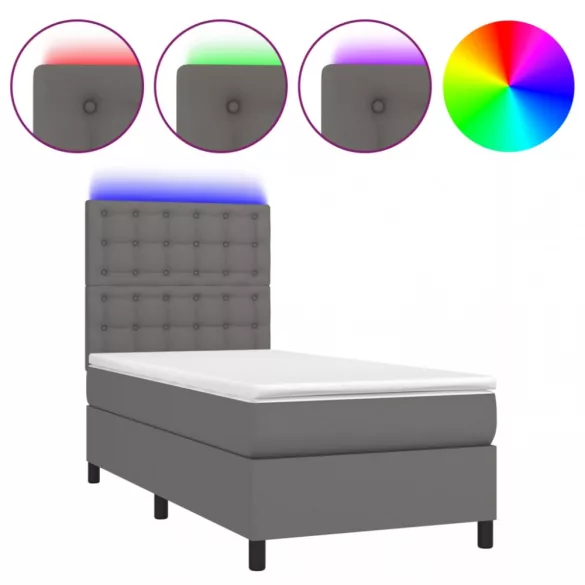 szürke műbőr rugós ágy matraccal és LED-del 80 x 200 cm