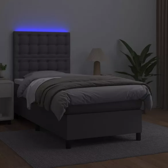 szürke műbőr rugós ágy matraccal és LED-del 80 x 200 cm