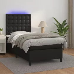 fekete műbőr rugós ágy matraccal és LED-del 90x190 cm