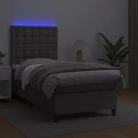 szürke műbőr rugós ágy matraccal és LED-del 90x190 cm