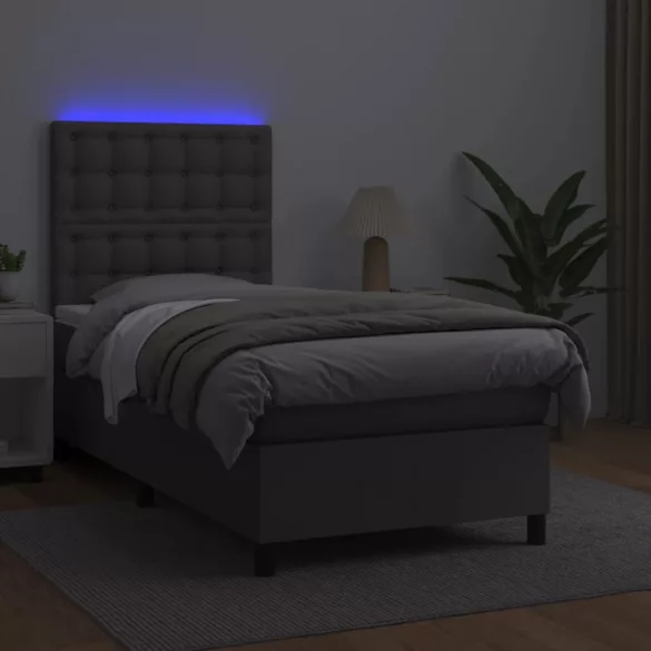 szürke műbőr rugós ágy matraccal és LED-del 90x190 cm