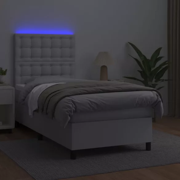 fehér műbőr rugós ágy matraccal és LED-del 90x200 cm