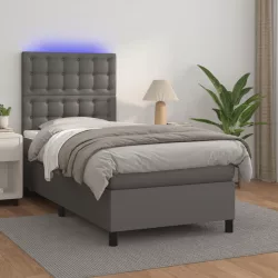 szürke műbőr rugós ágy matraccal és LED-del 90x200 cm