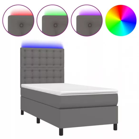 szürke műbőr rugós ágy matraccal és LED-del 90x200 cm