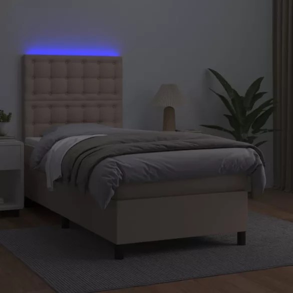 cappuccino színű műbőr rugós ágy matraccal és LED-del 90x200 cm