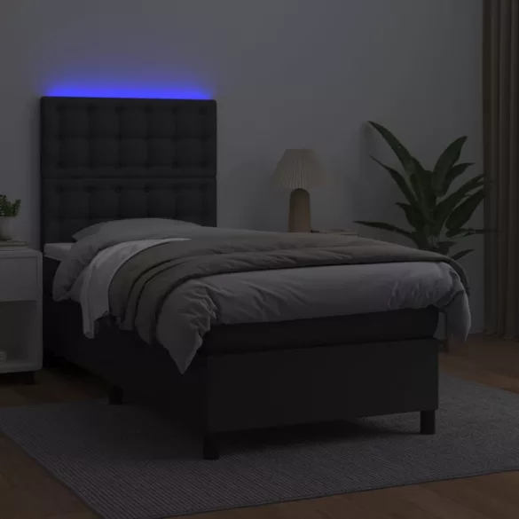 fekete műbőr rugós ágy matraccal és LED-del 100x200 cm