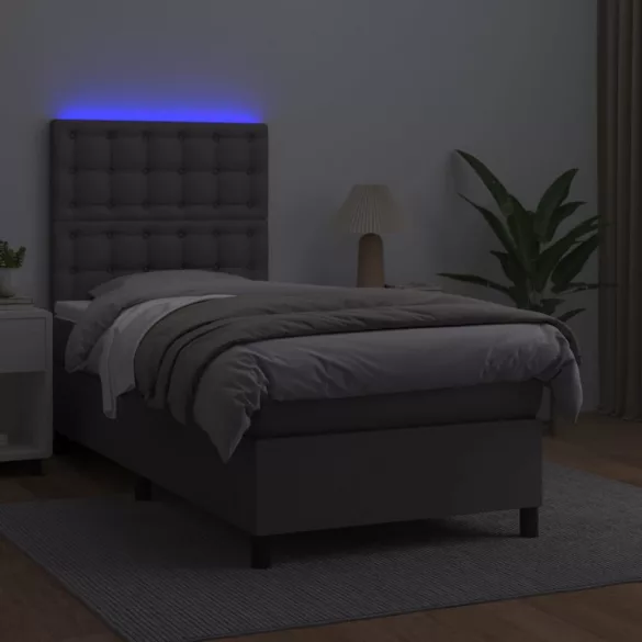 szürke műbőr rugós ágy matraccal és LED-del 100x200 cm