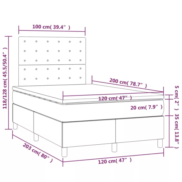 szürke műbőr rugós ágy matraccal és LED-del 120x200 cm