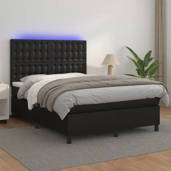 fekete műbőr rugós ágy matraccal és LED-del 140 x 190 cm