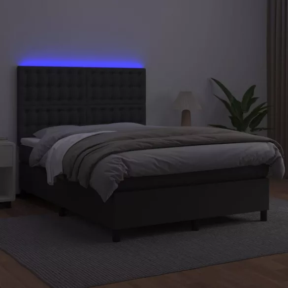 fekete műbőr rugós ágy matraccal és LED-del 140 x 190 cm