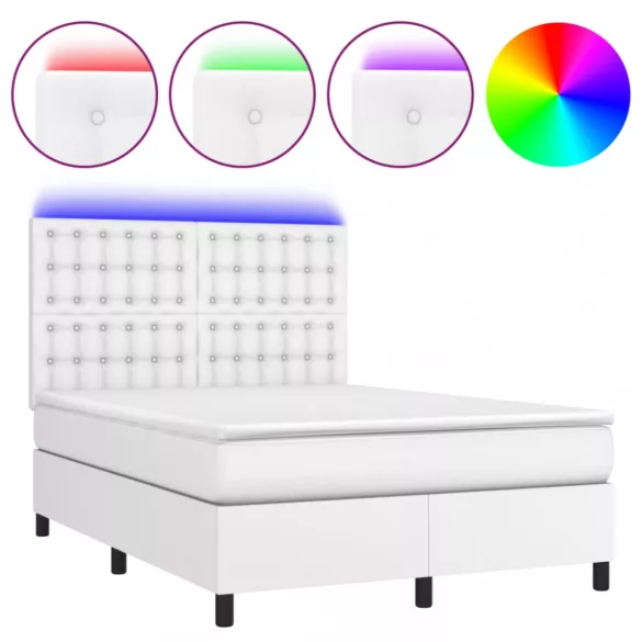 fehér műbőr rugós ágy matraccal és LED-del 140x190 cm