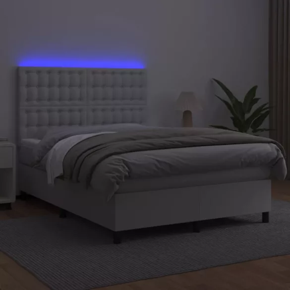 fehér műbőr rugós ágy matraccal és LED-del 140x190 cm
