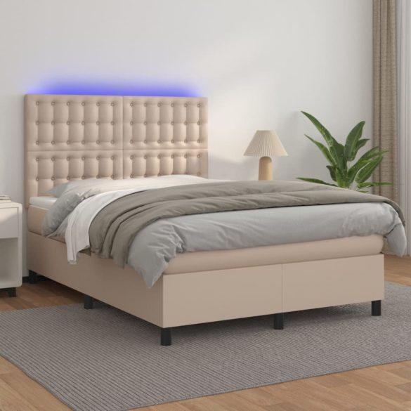 cappuccino színű műbőr rugós ágy matraccal és LED-del 140x190cm