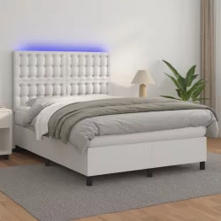 fehér műbőr rugós ágy matraccal és LED-del 140x200 cm