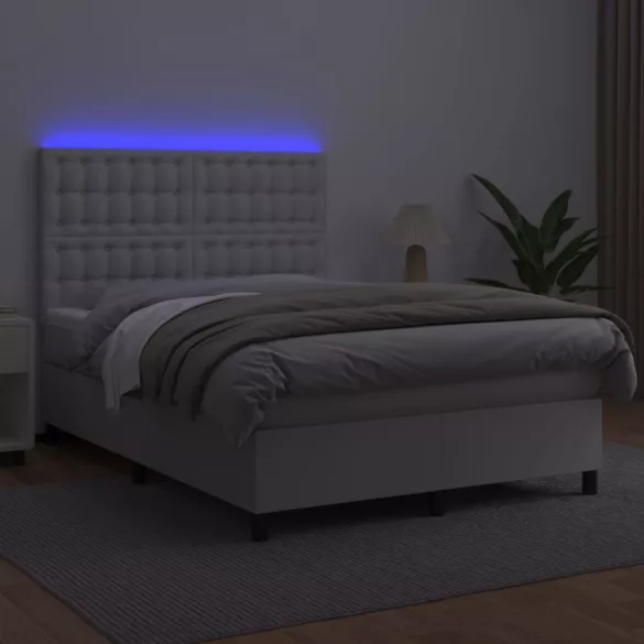 fehér műbőr rugós ágy matraccal és LED-del 140x200 cm