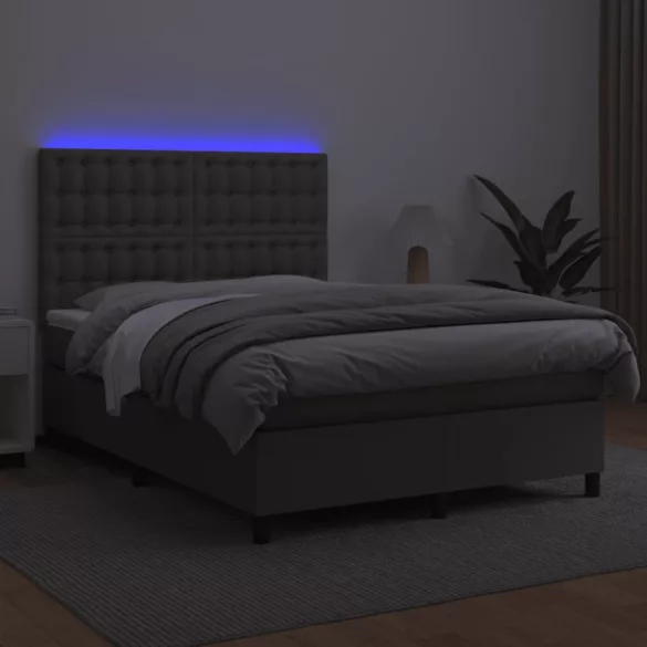 szürke műbőr rugós ágy matraccal és LED-del 140x200 cm