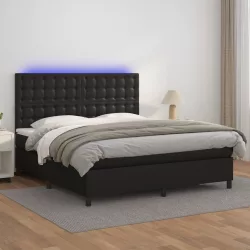 fekete műbőr rugós ágy matraccal és LED-del 160x200 cm