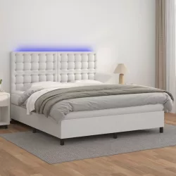fehér műbőr rugós ágy matraccal és LED-del 160x200 cm