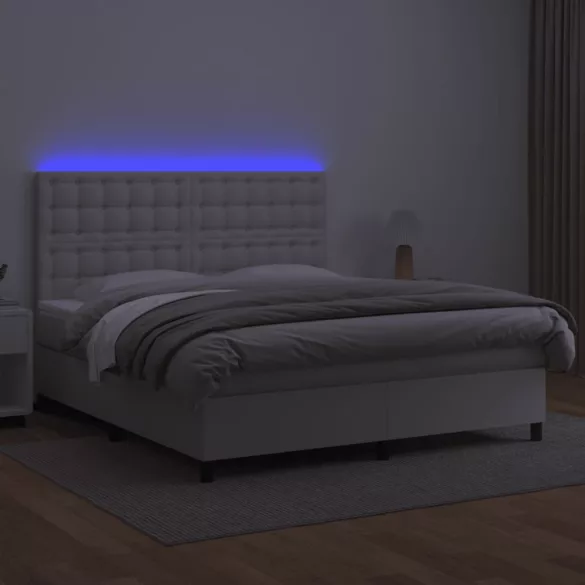 fehér műbőr rugós ágy matraccal és LED-del 160x200 cm