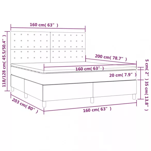 szürke műbőr rugós ágy matraccal és LED-del 160x200 cm