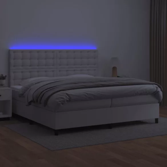 fehér műbőr rugós ágy matraccal és LED-del 200x200 cm