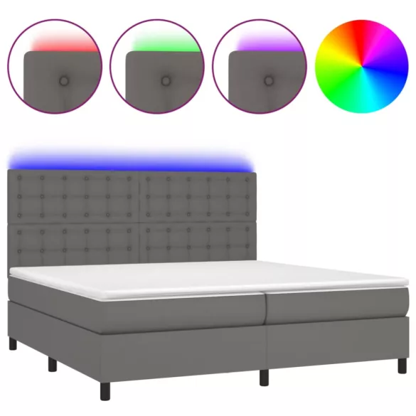 szürke műbőr rugós ágy matraccal és LED-del 200x200 cm