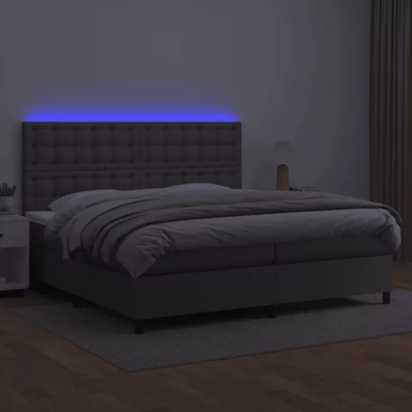szürke műbőr rugós ágy matraccal és LED-del 200x200 cm
