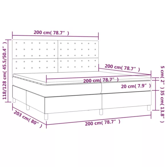 szürke műbőr rugós ágy matraccal és LED-del 200x200 cm