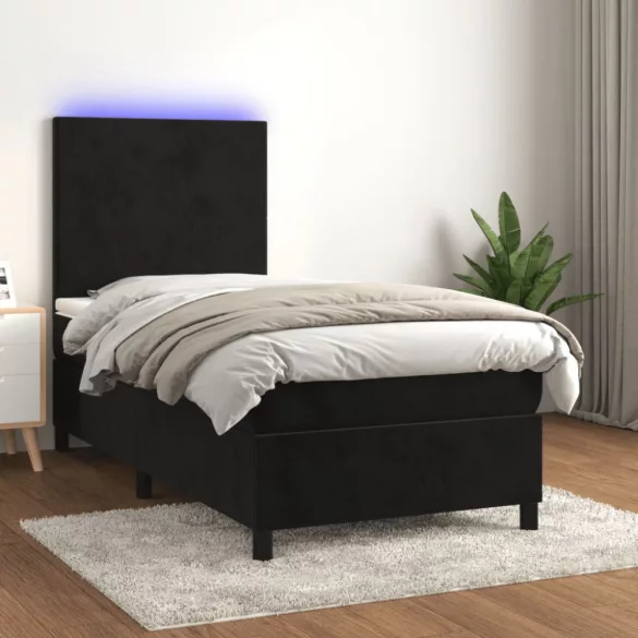 fekete bársony rugós és LED-es ágy matraccal 90x190 cm