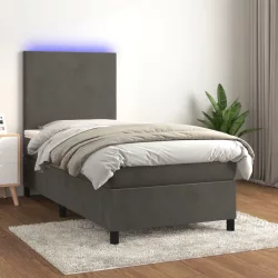   sötétszürke bársony rugós és LED-es ágy matraccal 90x200 cm