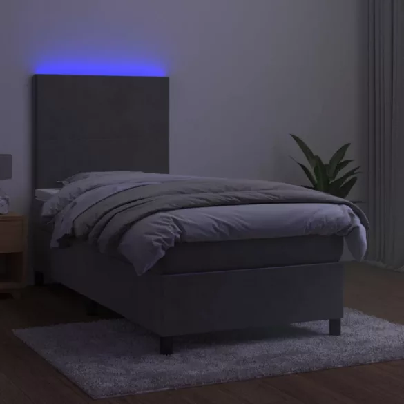 világosszürke bársony rugós és LED-es ágy matraccal 100x200 cm