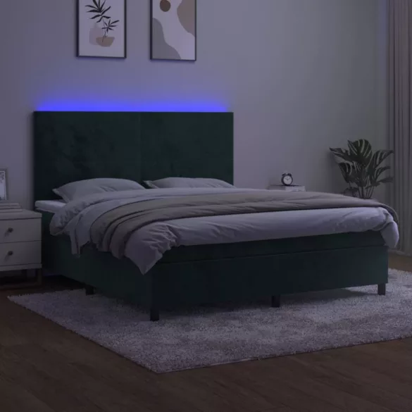 sötétzöld bársony rugós és LED-es ágy matraccal 160x200 cm