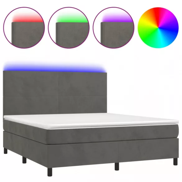 sötétszürke bársony rugós és LED-es ágy matraccal 180x200 cm
